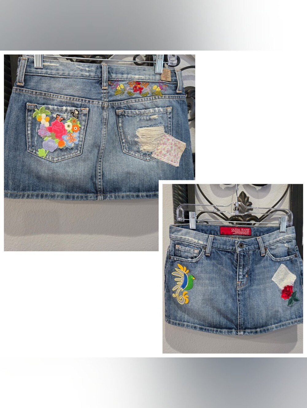 Guess Vintage Y2k Embroidered Denim Mini Skirt - Floral Appliqué